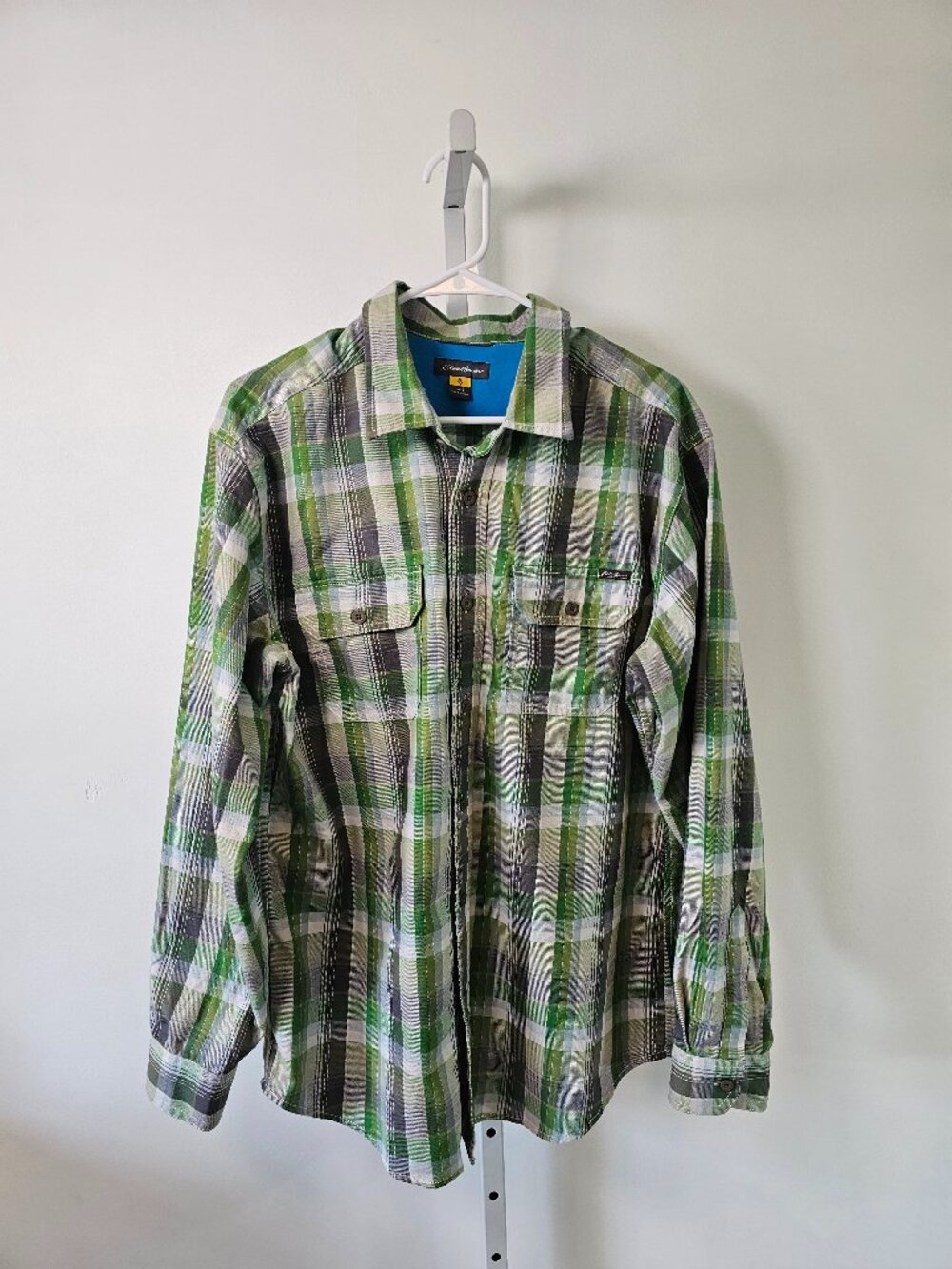 Eddie Bauer Mens Shirt Performance Button UP Green Plaid Outdoor Grunge L